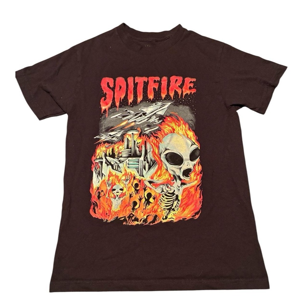 Spitfire Alien Invasion Graphic Skate T-Shirt Fire Flames Black Brown Mens S